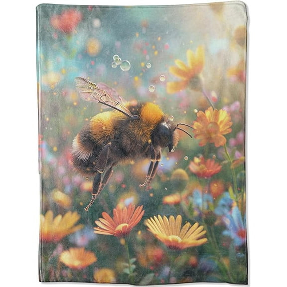 Natural Bee Blanket Gifts for Adults Women Men, Bumblebee Flying Colorful Bloom Wildflower Throw Blankets for Sofa Office Couch Room Decor, Cozy Lightweight Warm Soft Throws, 40x50 in