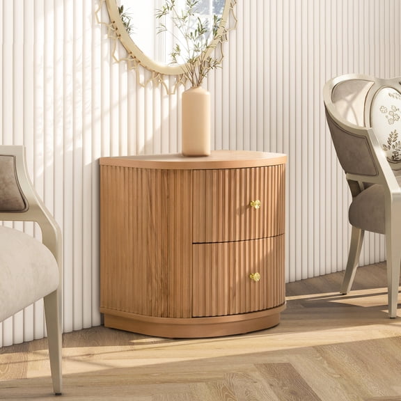 Natural Beech Wood 24" Side Table - Brown 2 Drawer Charm Solid Storage Space