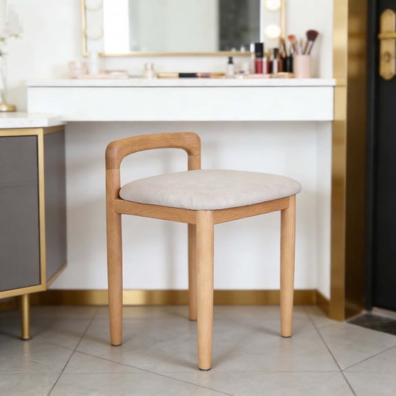 Natural Beech Wood Solid Vanity Stool, Sturdy Comfort Makeup Chair Multipurpose Seat for Dressing Table Home Office Bedroom Study