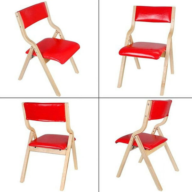 Natural Beechwood Solid Wood Folding Chair Armless with Vinyl Padded Seat Back for Home Dining Desk 4Set Red