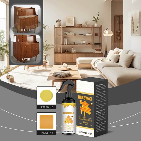 Natural Beeswax Care Spray & Restorer, Beeswax Spray For Wood, Beeswax Spray Furniture Polish, Generic Household Furniture Polish Spray For Leather & Furniture with Rag & Sponge 120ml