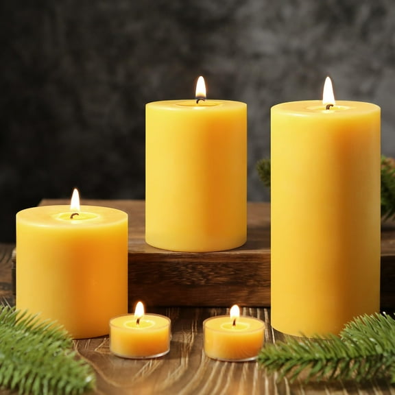 Natural Beeswax Pillar Set of 3,Pure Beeswax 213 Hours Long Burning,Unscented 100% Bees Wax Candle for Home,Emergency,Dripless Smokeless Organic Pillar Candle Bulk-3x3in,3x4in,3x6in Y101