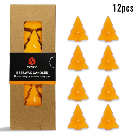 Natural Beeswax Tea Candles, FCMSHAMD 12 Pack Handmade Beeswax Candles, Christmas tree Shape Smokeless Tealight Candles with Clear Cup Great for Home Decoration