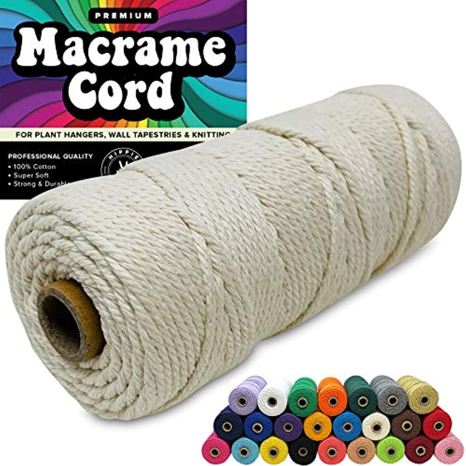 JeogYong Pack of 4 Macrame Cord 2mm x 109Yards 3 Strand Colored 100%  Natural Cotton Macrame Rope Cotton Cord-Perfect Macrame Supplies for Wall