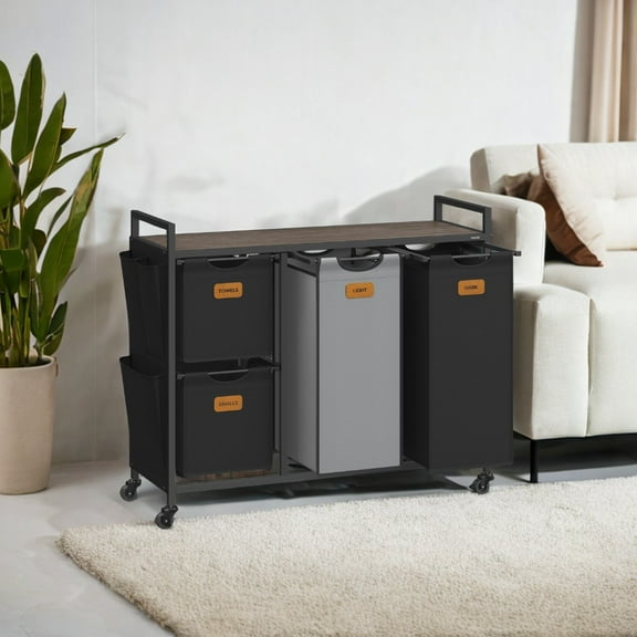 Natural Beige, Camel Brown and Cream White Laundry Hamper,26.4 Gal. (100 L) 3 - Compartment Laundry Sorter, Rolling Laundry Cart with 6 Labels