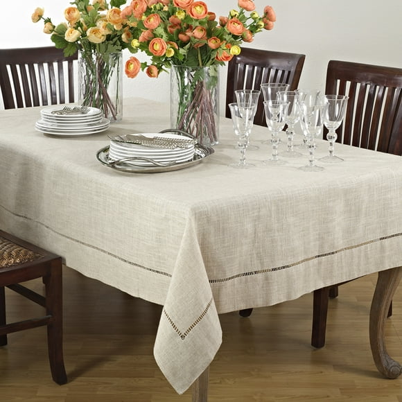 Natural Beige, Classic Tuscany Hemtitch Design Rectangular Tablecloth, 65 Inch x 104 Inch