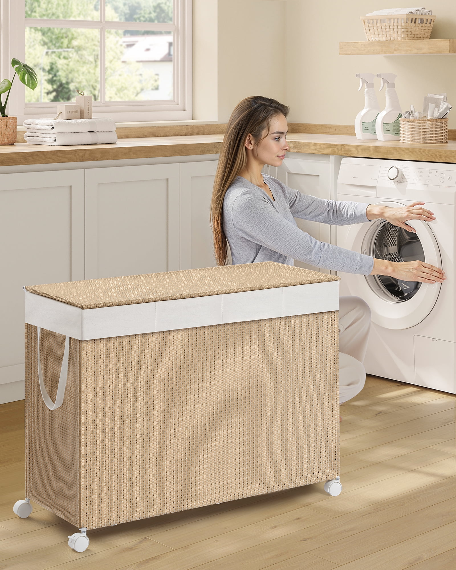 Natural Beige & Matte White 4 - Compartment Laundry Hamper. 47.6 Gal Laundry Sorter on Wheels, with Lid, Removable Liners & Handles