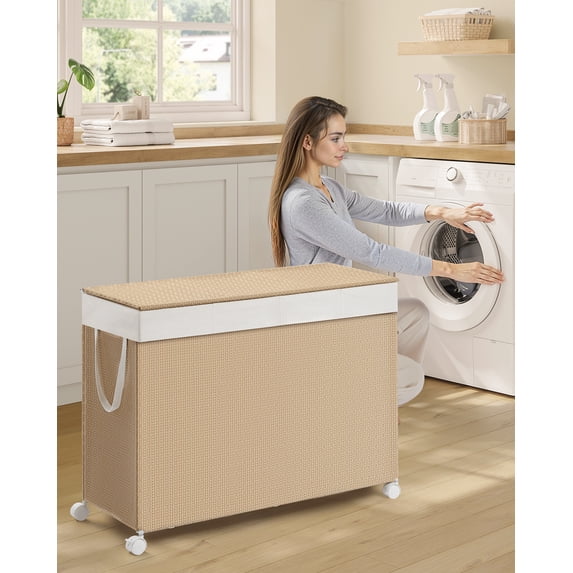Natural Beige & Matte White 4 - Compartment Laundry Hamper. 47.6 Gal Laundry Sorter on Wheels, with Lid, Removable Liners & Handles