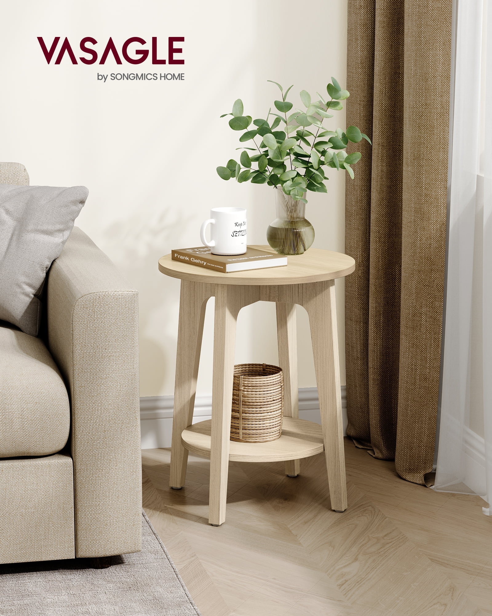Natural Beige Small Round End Table. Features a Lower Shelf, Perfect as a Nightstand for Small Spaces in Living Rooms or Bedrooms.