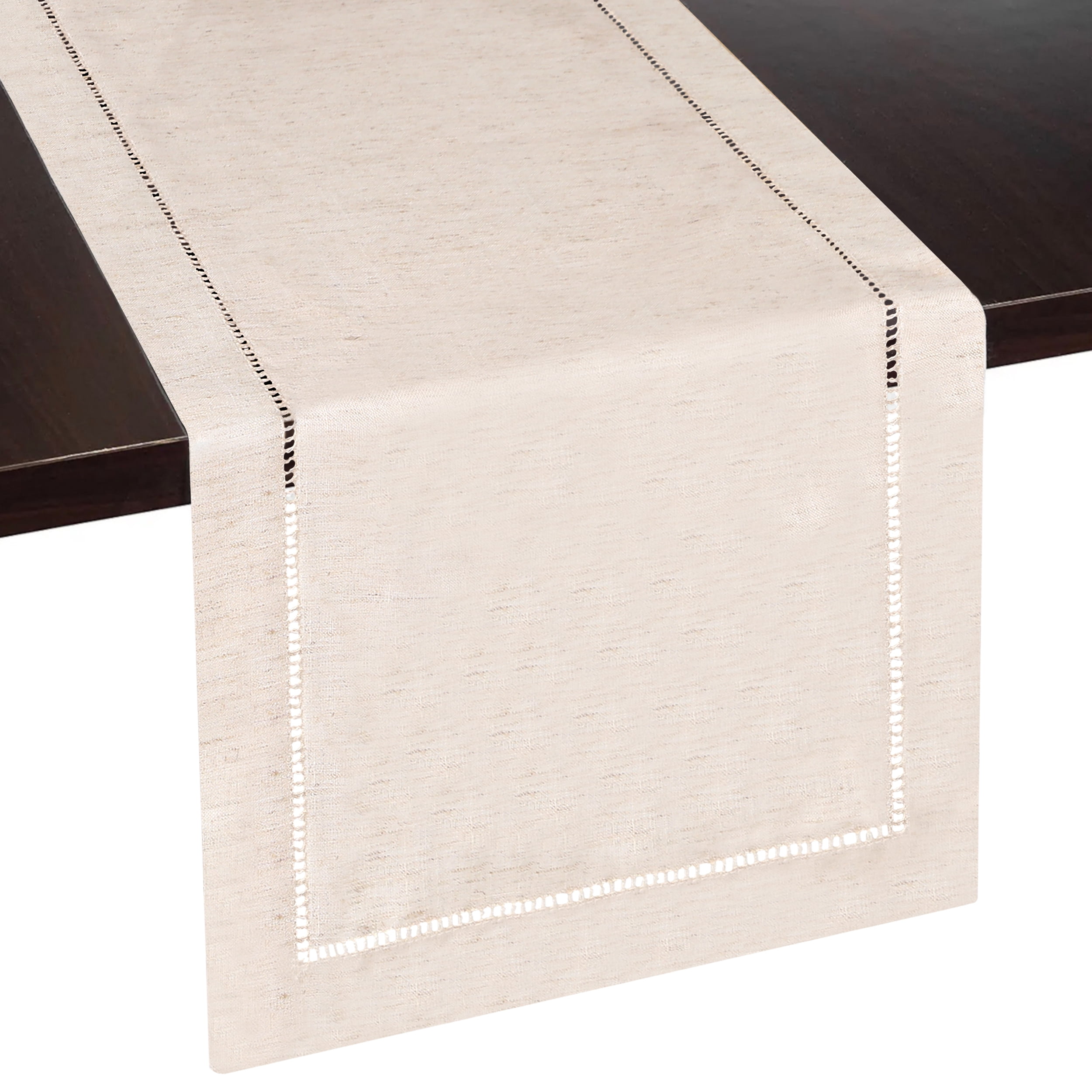Natural Beige Polyester Linen Hemstitch Table Runner, 13 x 90 Inches