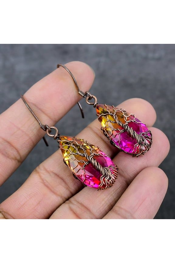 Natural Bi-Color Tourmaline Copper Wire Wrap Gift Jewelry Earring 2.17"