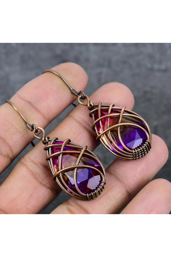 Natural Bi-Color Tourmaline Copper Wire Wrap Gift Jewelry Earring 2.40"