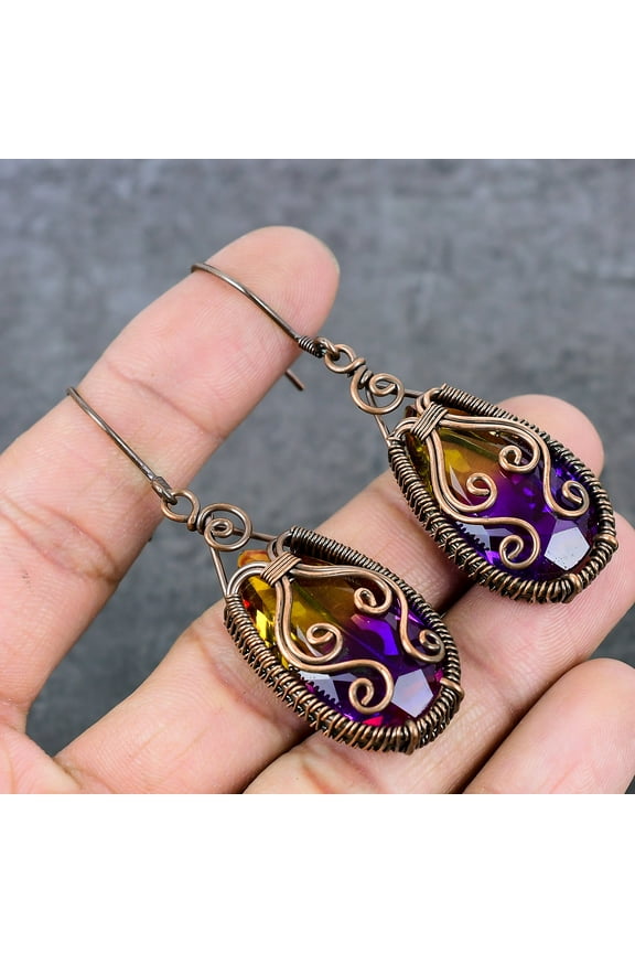 Natural Bi-Color Tourmaline Copper Wire Wrap Gift Jewelry Earring 2.68"
