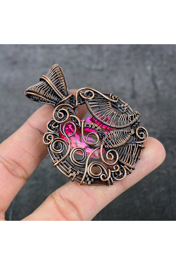 Natural Bi-Color Tourmaline Copper Wire Wrap Gift Jewelry Pendant 2.60"