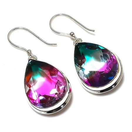 Natural Bi-Color Tourmaline Gemstone 925 Sterling Silver Earring 1.77"