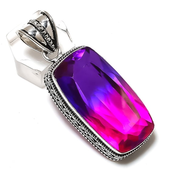 Natural Bi-Color Tourmaline Gemstone 925 Sterling Silver Jewelry Pendant 1.97"