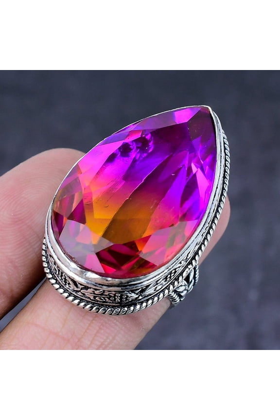 Natural Bi-Color Tourmaline Gemstone Handmade 925 Steling Silver Ring S.8