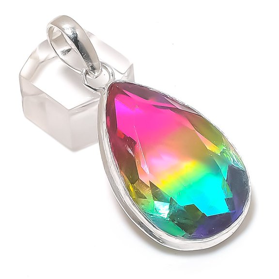 Natural Bi-Color Tourmaline Gemstone Handmade Copper Jewelry Pendant 2.09"