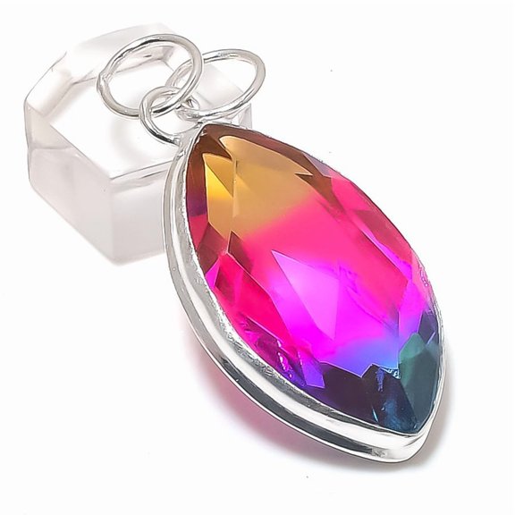 Natural Bi-Color Tourmaline Gemstone Handmade Copper Jewelry Pendant 2.17"