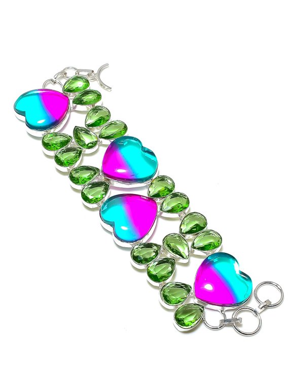 Natural Bi-Color Tourmaline, Tsavorite 925 Sterling Silver Bracelet 7-8"