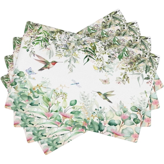 Natural Bird Placemats, Green Spring Watercolour Botanical Flower Butterfly Hummingbird Fly Print Washable Fabric Placemats Table Kitchen Dining Party 12x18 Inch Set of 4