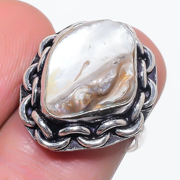 Natural Biwa Pearl Gemstone 925 Sterling Silver Jewelry Ring Size 6.5