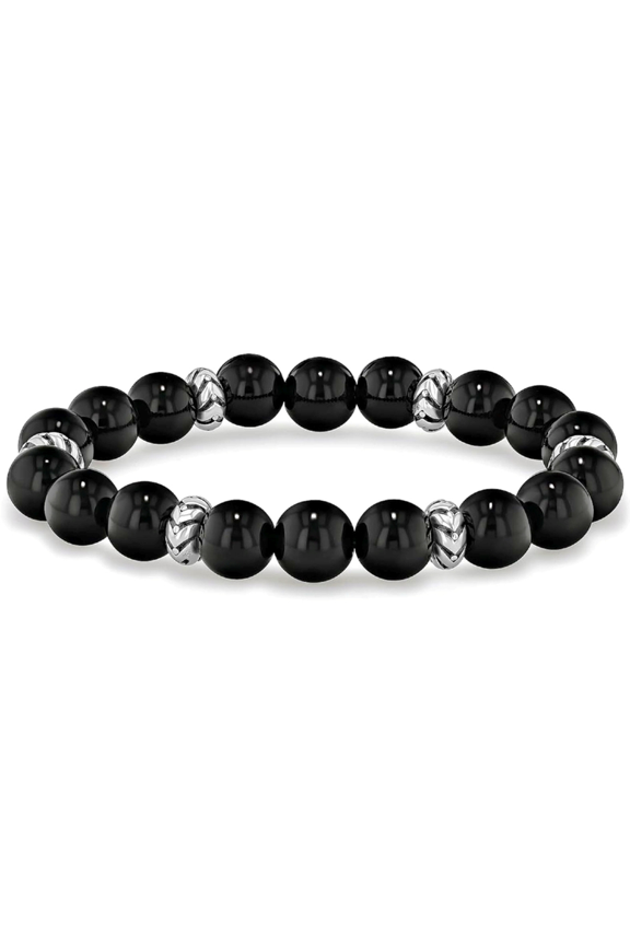 Natural Black Agate 12mm Round Shape Smooth Cut Beads Stretchable Bracelet for Men & Women.