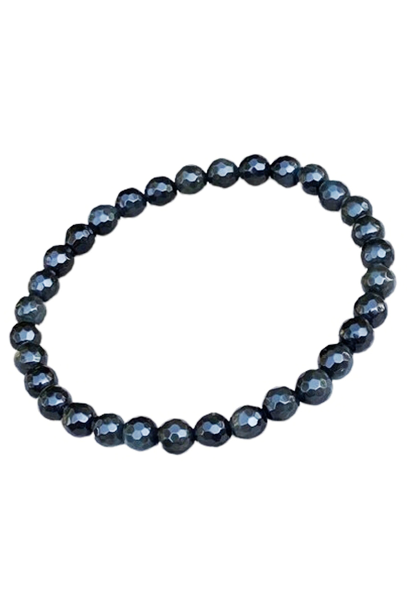 Natural Black Agate 6mm Round Shape Faceted Cut Beads Stretchable Bracelet for Men & Women.