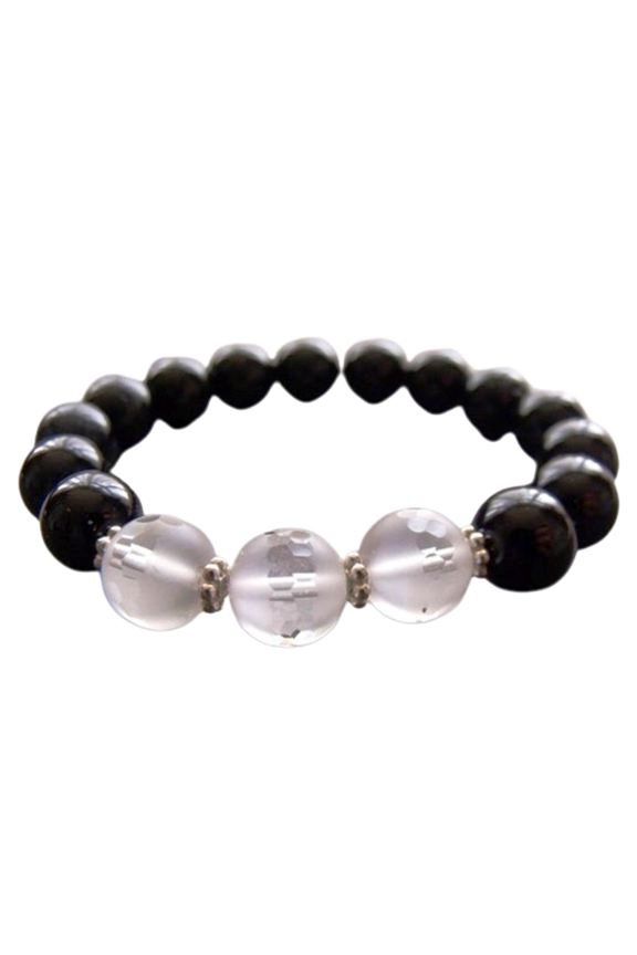 Natural Black Agate & Frosted Quartz 10mm Round Shape Smooth Cut Beads Stretchable Bracelet for Men & Women.