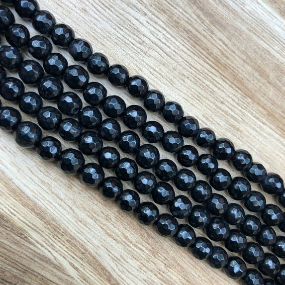 Natural Black Agate Smooth Gemstone Beads, Faceted Round 8mm Beads 1 Strand For DIY Making Jewelry and Many More
