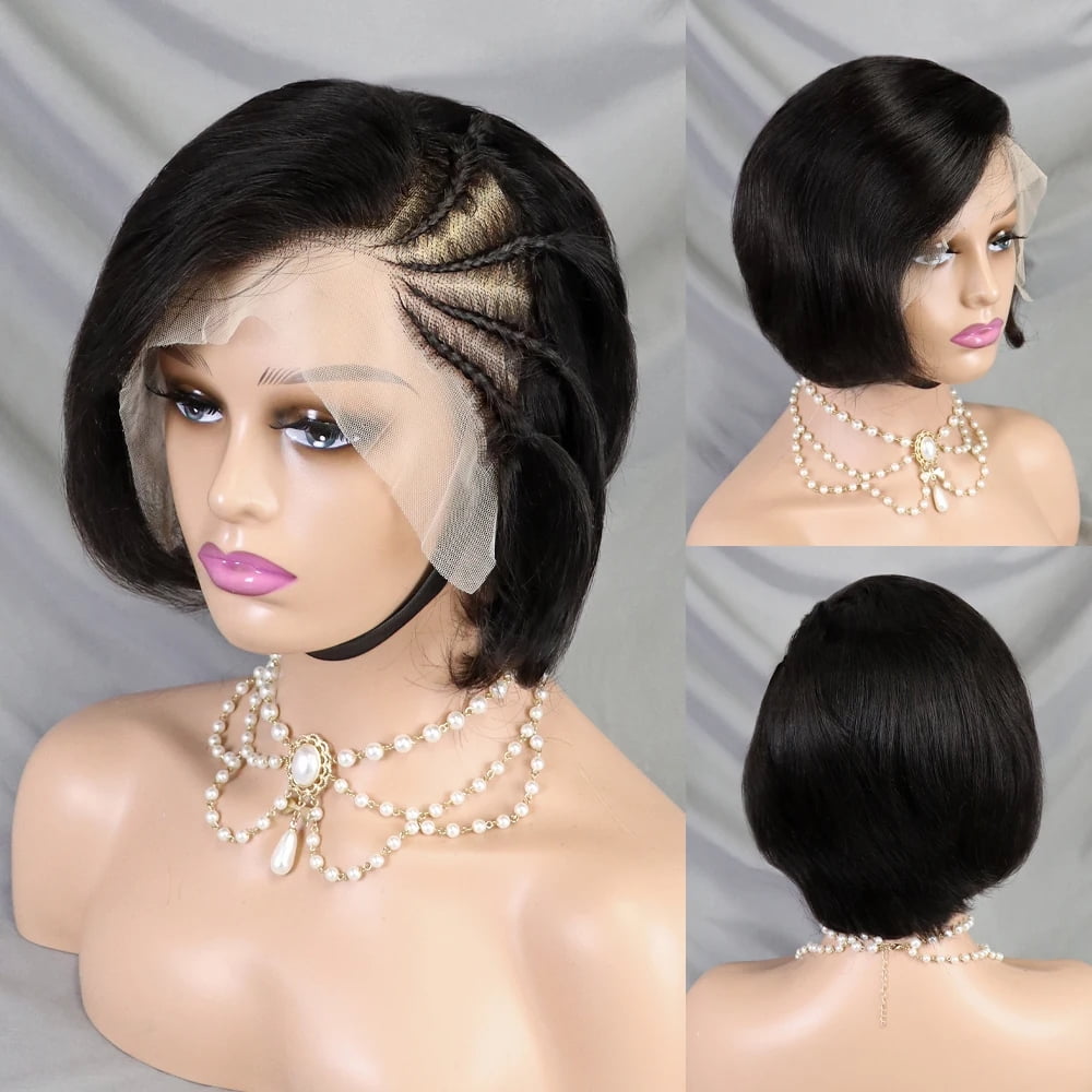 Natural Black Bob Human Hair Wig 8 Inch Pixie Cut Wig with Braided ...
