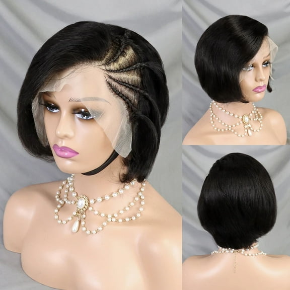 Natural Black Bob Human Hair Wig 8 Inch Pixie Cut Wig with Braided Straight Hair Wig for Black Women Short Bob 13x4 Transparent Lace Frontal Brazilian Hair Wigs