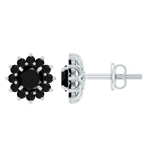 Rosec Jewels Natural Black Diamond Floral Stud Earrings for Women (1.50 CT, AAA Grade), 925 Sterling Silver