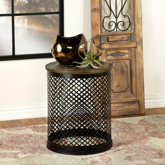 Natural Black Drum Base Accent Table: Round Mango Wood Top, Perforated Metal Base, Industrial Style, 22" H x 18" W, Perfect for Living Room, Entryway, or Bedroom