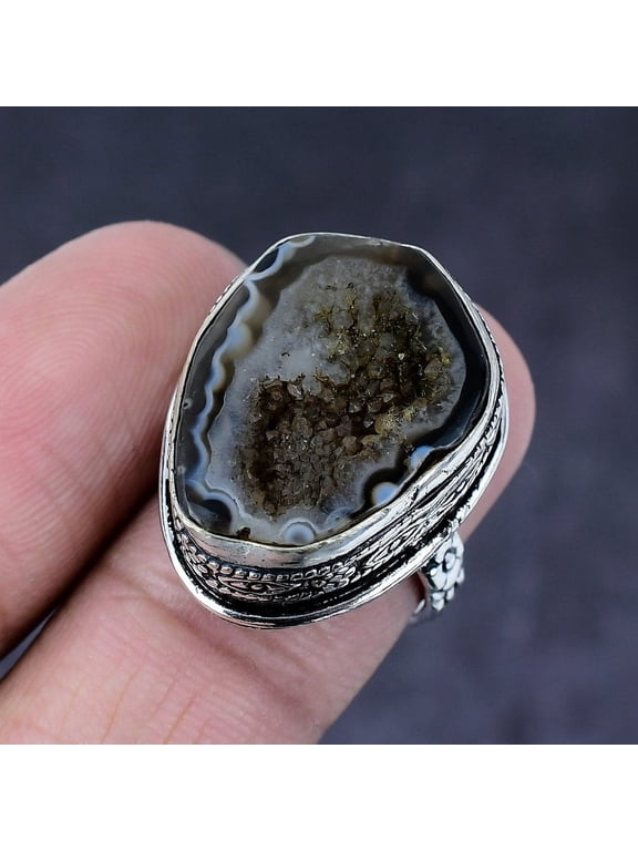 Natural Black Druzy Gemstone Handmade 925 Steling Silver Gift Ring Size 6.5