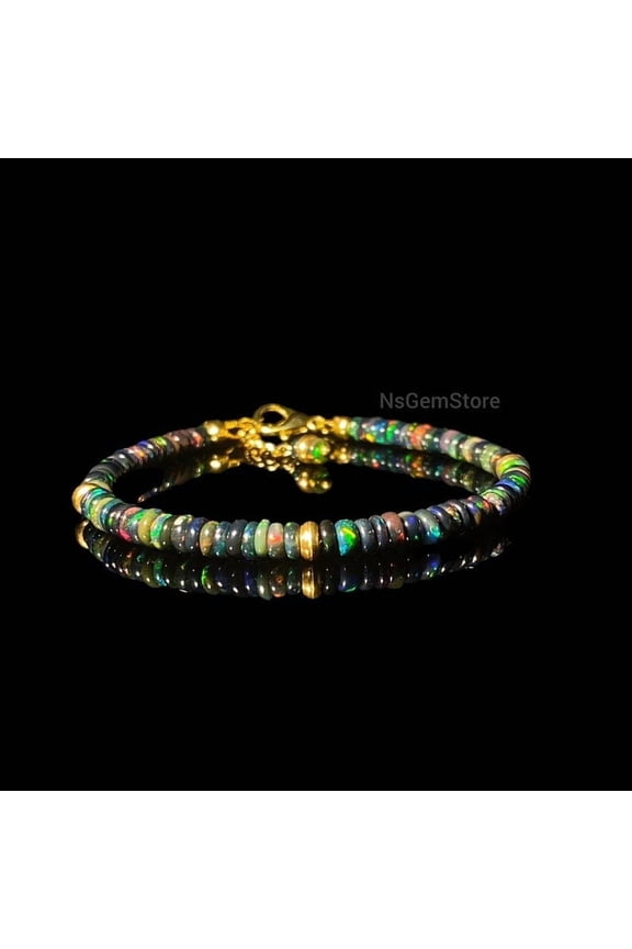 Natural Black Ethiopian Opal Bracelet, Fire Opal Smooth Beads Bracelet, Opal Jewelry, Opal Beads Bracelet Gift For her