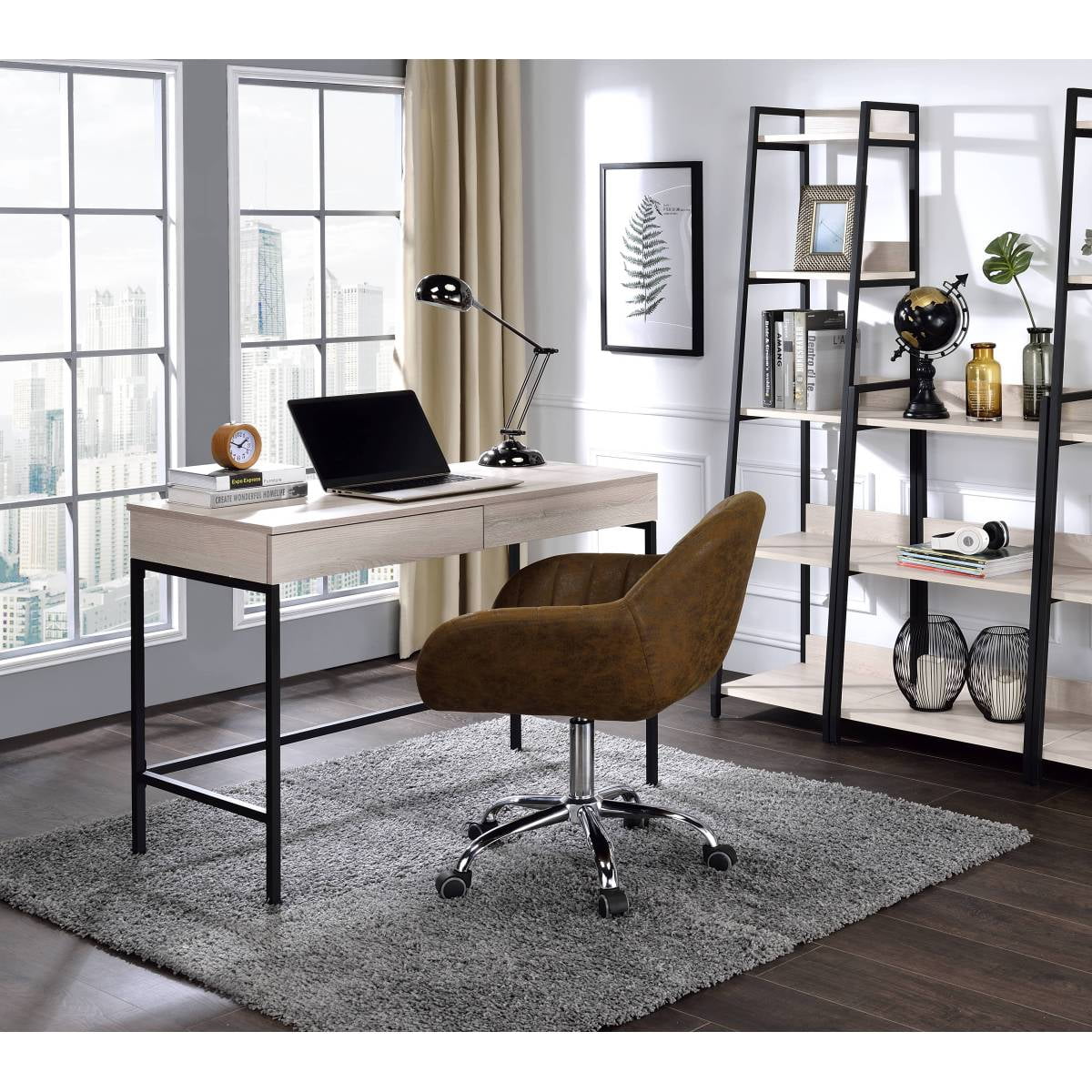 Natural Black Finish Writing Desk Rectangular Work Desk with 2 Drawers USB Power Dock Metal Legs