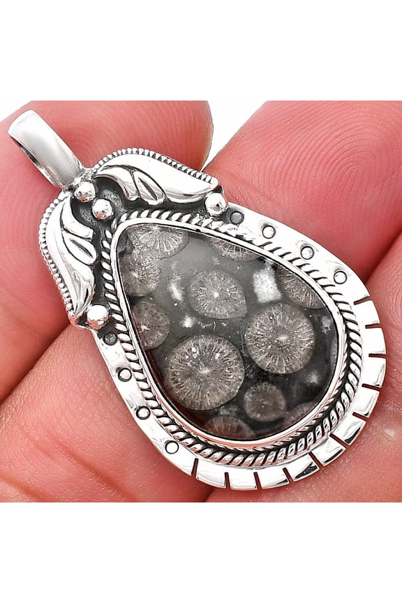 Natural Black Flower Fossil Coral 925 Sterling Silver Pendant Jewelry P-1568 SDP144201