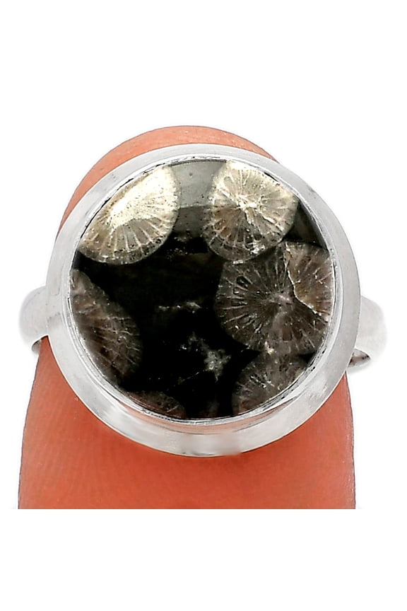 Natural Black Flower Fossil Coral 925 Sterling Silver Ring s.7 Jewelry R-1007 SDR226407