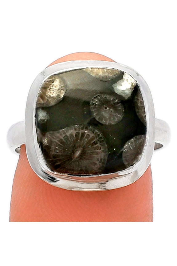 Natural Black Flower Fossil Coral 925 Sterling Silver Ring s.8 Jewelry R-1007 SDR226313