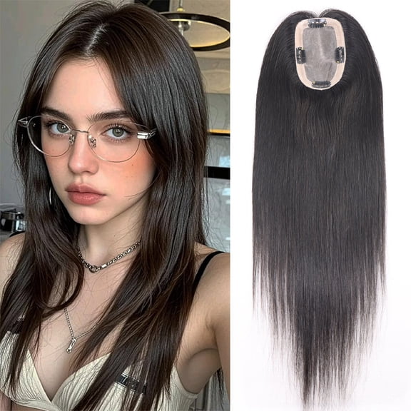 Natural Black Human Hair Toppers for Women 16Inch Straight Clip In Remy Hair Extensions Mono Base Topper Hairpiece for Thin Hair