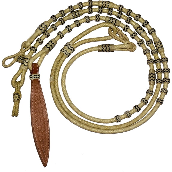 Natural & Black Knots Rawhide Leather Romal Reins 8.5 Ft Hand-Braided Horse Tack, Handmade 52" Romel