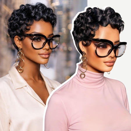 Natural Black Layered Pixie Wig Human Hair for Black Women Short Human Hair Lightweight Glueless Pixie Cut Wigs