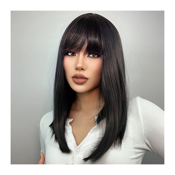 Natural Black Medium Straight Bob Synthetic Wig Hair Cosplay Party Lolita Women Girls Wigs with Bangs Heat Resistant Fibre