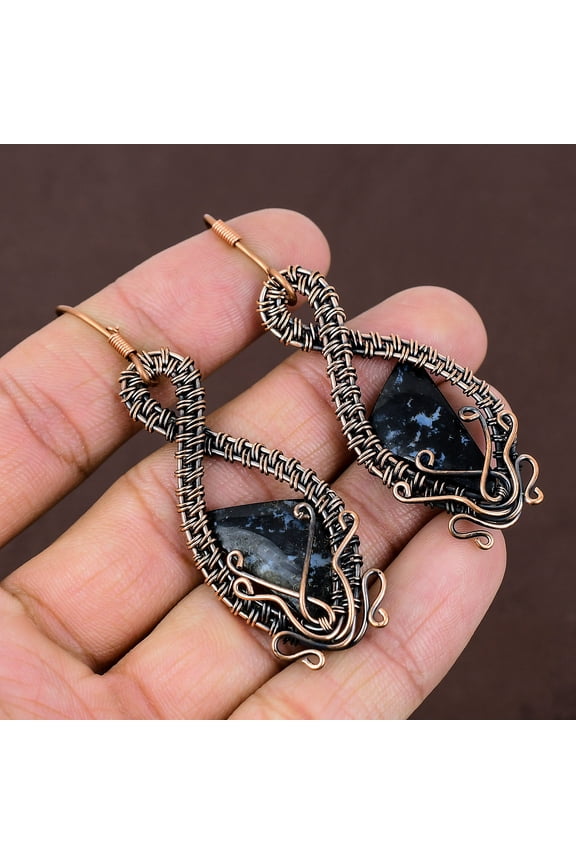 Natural Black Obsidian Gemstone Handmade Copper Wire Wrap Earring 2.76