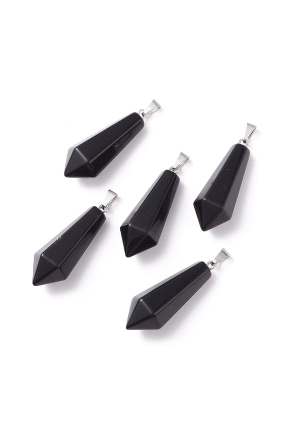 Natural Black Obsidian Pointed Pendants with Platinum Plated Brass Loops Bullet 35.3~38x13~14mm Hole: 6.5x2.8mm Obsidian