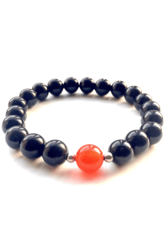 Natural Black Obsidian With Carnelian 8mm Round Shape Smooth Cut Beads Stretchable Bracelet for Men & Women.