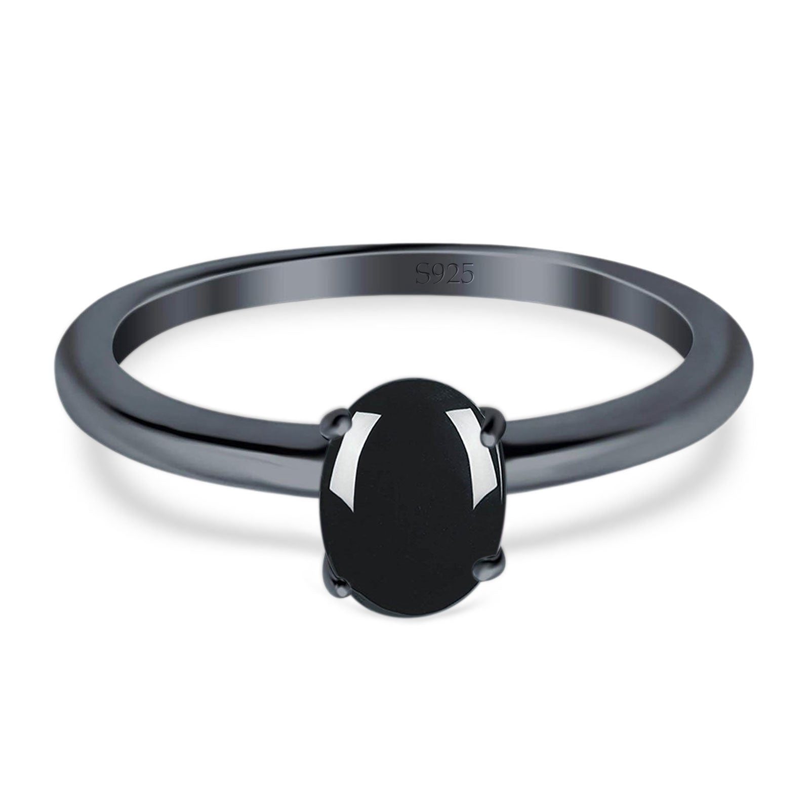 Natural Black Onyx Black Tone Silver Size-10 Minimalist Oval Cathedral Solitaire Ring Wedding Engagement Rings For Women 925 Sterling Silver Gifts For Her