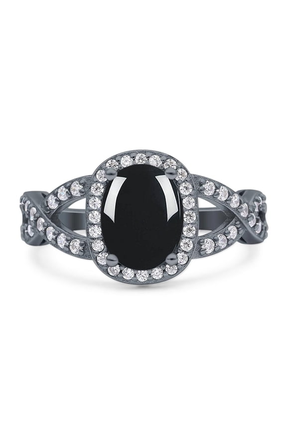 Natural Black Onyx Black Tone Silver Size-10 Oval Vintage Rings Infinity Twisted Shank Halo CZ Wedding Engagement Ring For Women 925 Sterling Silver Gifts For Her