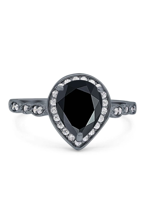 Natural Black Onyx Black Tone Silver Size-10 Pear Teardrop Vintage Rings Marquise Style Halo CZ Wedding Engagement Ring For Women 925 Sterling Silver Gifts For Her